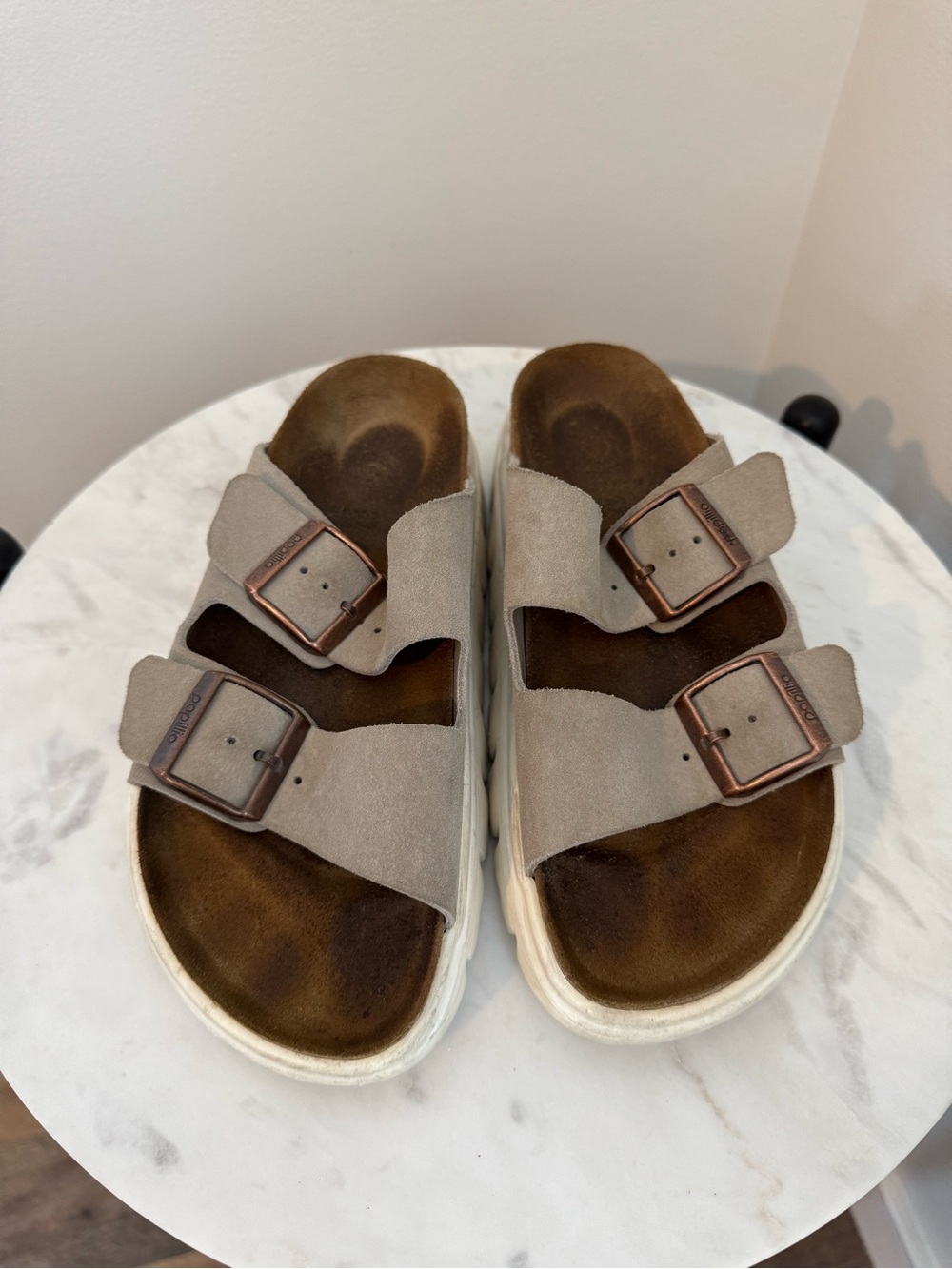 Papillio Taupe Suede Double-Strap Buckle Slides